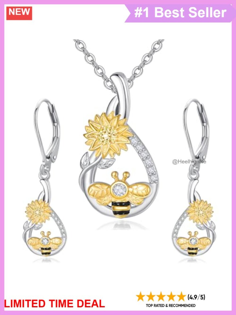 925 Sterling Silver Bee Sunflower Necklace Earrings Set Women Jewelry Gift